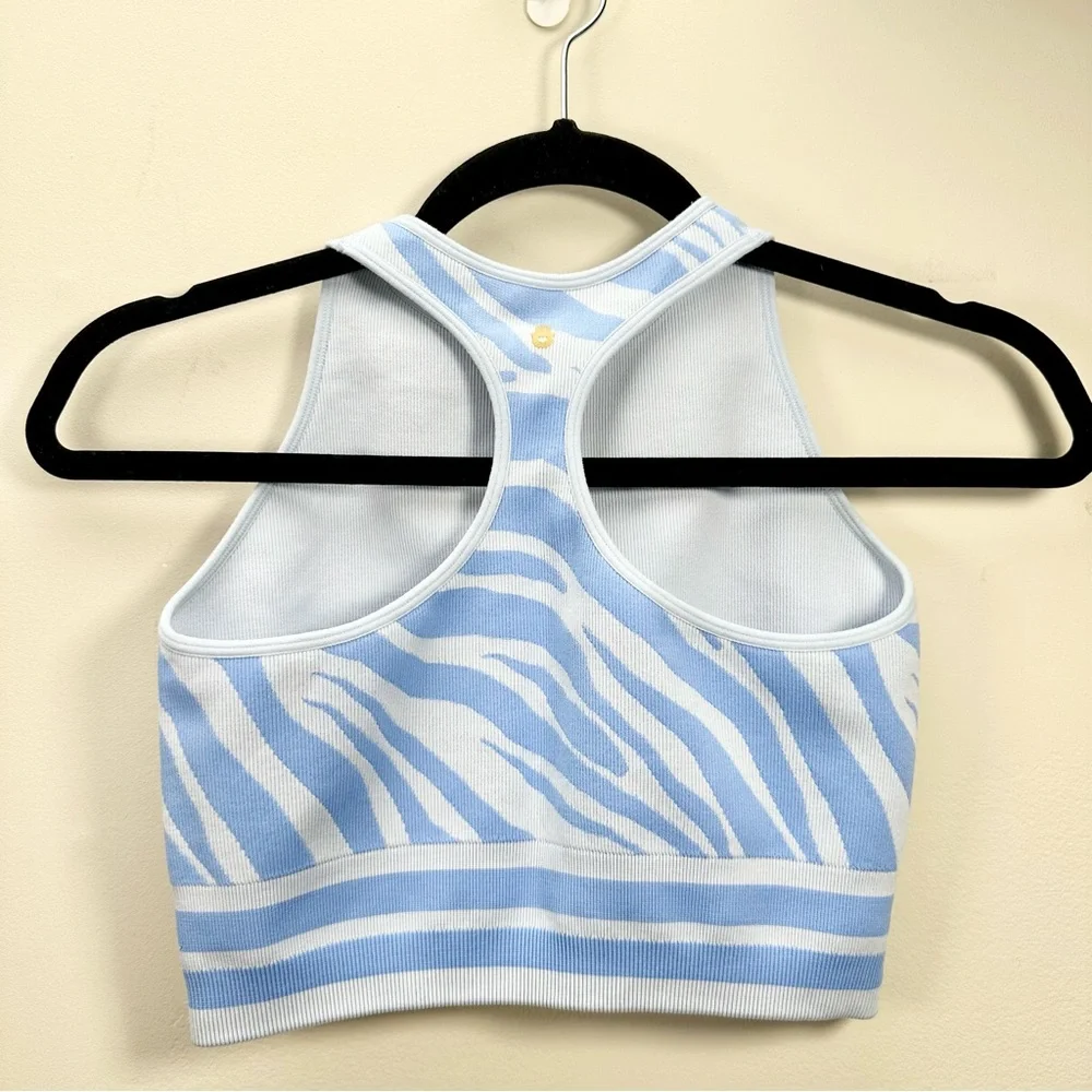Spiritual Gangster High Neck Jacquard Bra, Light Blue Zebra Crop Bralette, S/XS